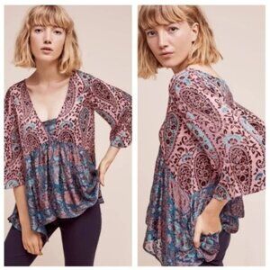 Floreat Anthropologie Valo Silk Boho Swing Velvet Blouse Burnout Teal Pink Sz XS